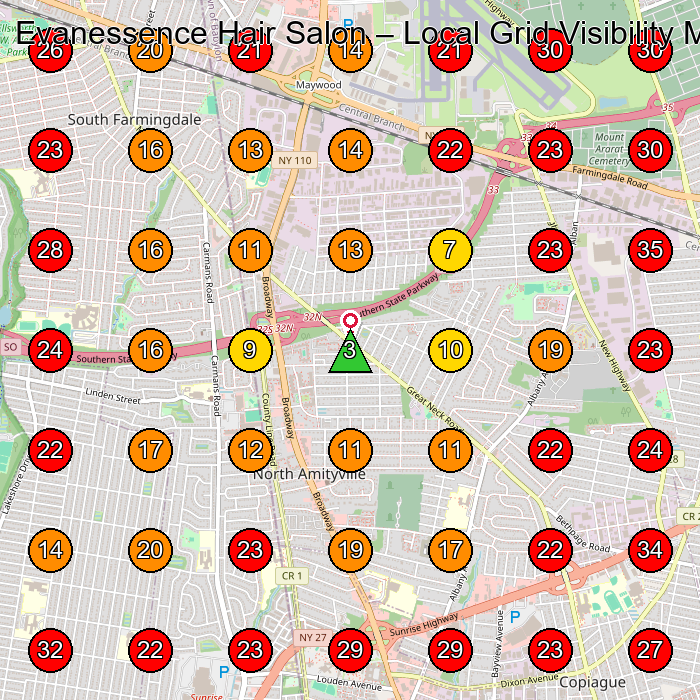 Evanessence Hair Salon GeoGrid visibility map for Hair Salon in Farmingdale